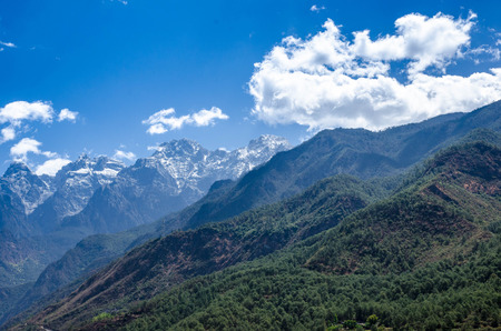 Countryside landscape have river and mountain, country view of Asian Chinese village in Shangri La, China, Asiaの写真素材