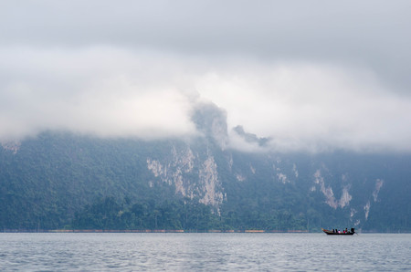 landscape with foggy lake and mountain, Chiang Mai Thailandの写真素材