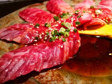fresh wagyu beef with japanese sauce and yellow pumpkin.の写真素材