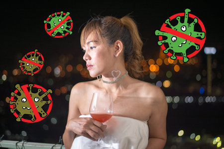one asian woman with a flute of red cocktai in white dress, background is night city have bokeh