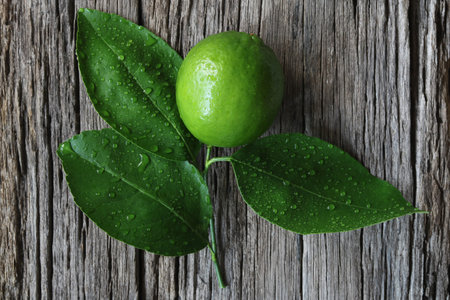 Fresh lime on old wooden background.Top view
