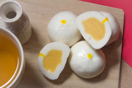 chinese bun cream sweet on tableの写真素材