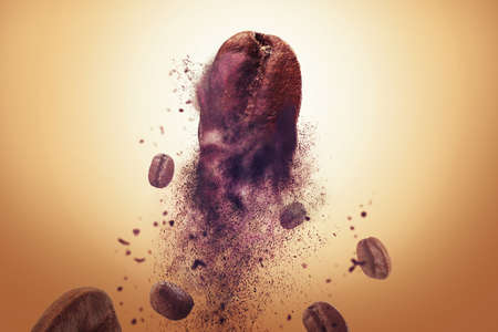 Roasted coffee spin in the air image closeup 3D renderingの写真素材