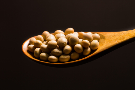 soy beans  on wood spoon closeupの写真素材