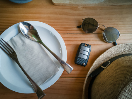 Top view , flat lay wood table image for background.の写真素材