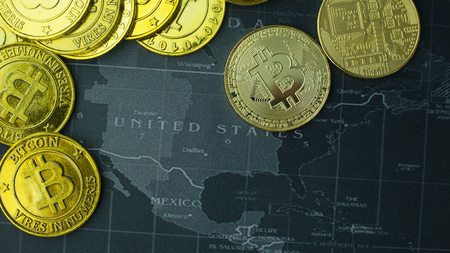 The Gold coin Bitcoin on dark map concept image picture for Background.の写真素材