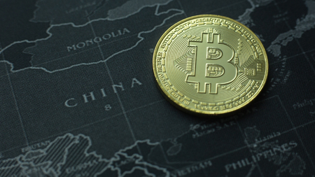 The Gold coin Bitcoin on dark map concept image picture for Background.の写真素材
