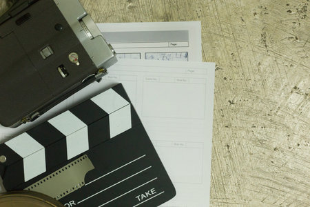 Film production Behind the scenes flat lay image background.