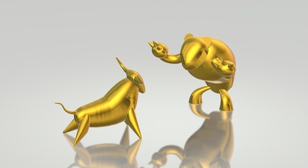 The 3d rendering gold bull and bear business content.の写真素材