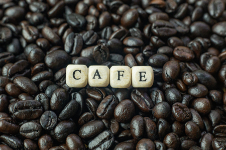 The coffee roasted and text wood cube close up image.の写真素材