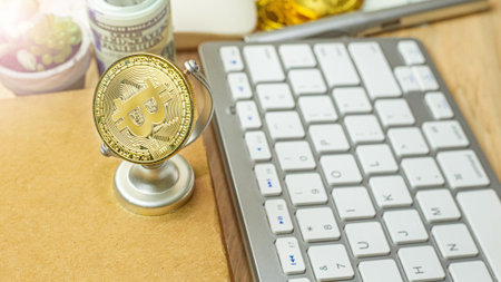 Bitcoin currency on office table for business content.