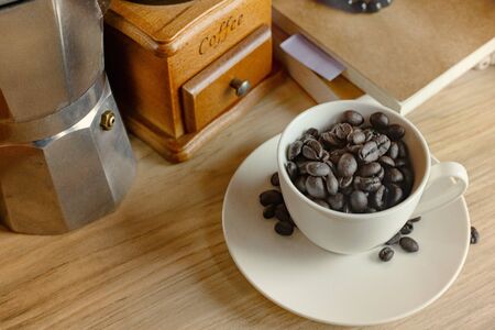 The coffee vintage equipment on wood table for coffee concept.の写真素材