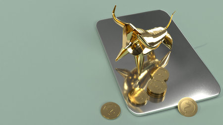 The tablet  and bull gold 3d rendering for business content.
