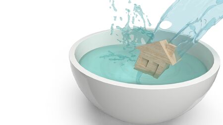 The home wood toy in white bowl for flood concept 3d rendering.の写真素材