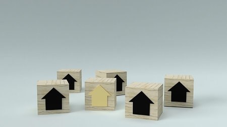 The gold house and Magnifying glass for  Property concept 3d rendering.