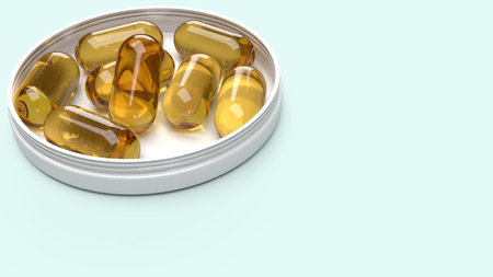 The  oil capsules on white plastic plate for medical content 3d rendering.