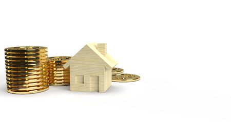 A Wood toy house and gold coin 3d rendering on white background for property content.の写真素材