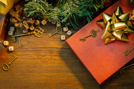 The Christmas decorations on wood table for holiday content.