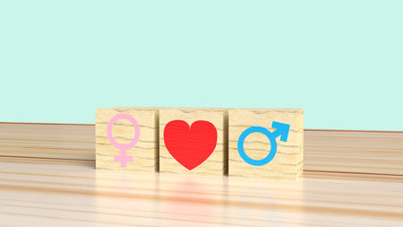 The gender on wooden cube with symbol to love 3d rendering on blue background for valentine day.