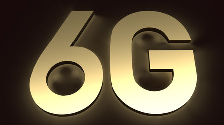 The 3d rendering 6g text gold surface glow in dark image for mobile technology content.