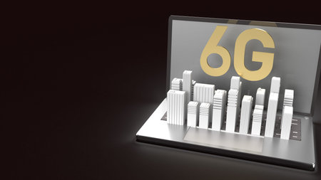 3d rendering 6g text gold surface glow on notebook and building  in dark image for mobile technology...
