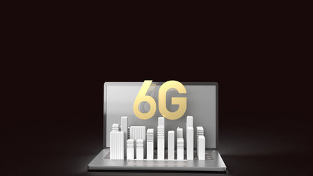 3d rendering 6g text gold surface glow on notebook and building  in dark image for mobile technology...