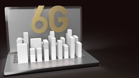 3d rendering 6g text gold surface glow on notebook and building  in dark image for mobile technology content.の写真素材