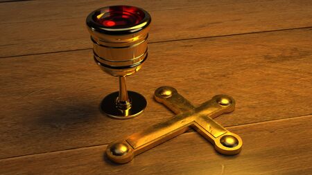 The Holy grail gold cross on wood 3d rendering for Holy Week contentの写真素材