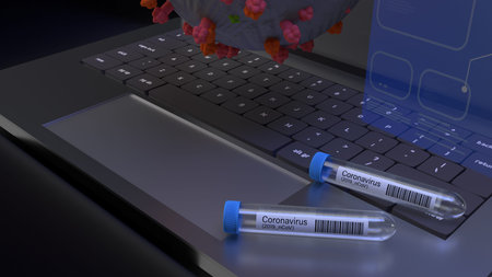 The corona virus and  science tube on notebook 3d rendering for medical content.