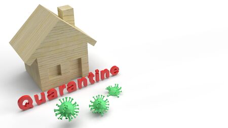 red quarantine  green virus and wood house word 3d rendering on white background for outbreaks content.の写真素材