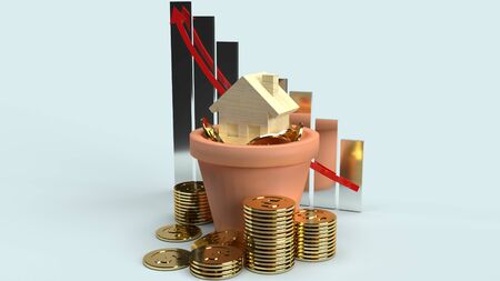 The home wood toy and gold coins in plant 3d rendering for property content.の写真素材