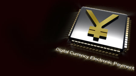 gold yuan symbol on electronic chip 3d rendering for china Digital Currency Electronic...