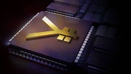 gold yuan symbol on electronic chip 3d rendering for china Digital Currency Electronic PaymentÂ content.の写真素材