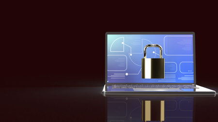 notebook and master key 3d rendering for Computer security content.