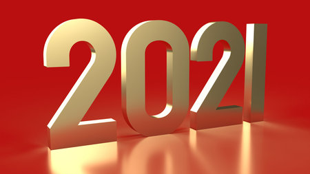 2021 gold number on red background 3d rendering.