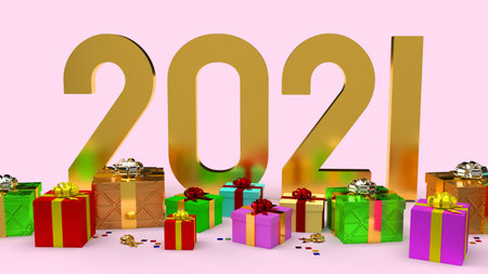 The 2021 gold and gift box 3d rendering for celebration content.