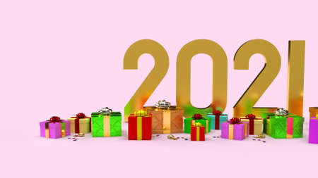 The 2021 gold and gift box 3d rendering for celebration content.の写真素材