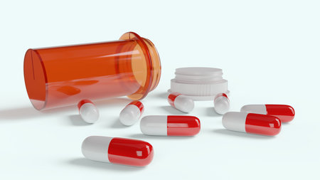 The Medicine bottle  and red white capsule 3d rendering for medical content.