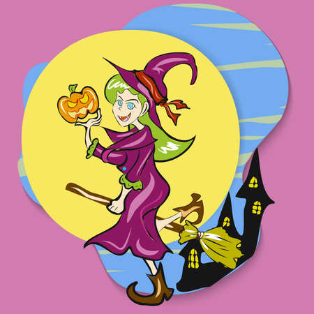 The witch ride broom hold pumpkin jack o lantern vector for halloween content.のイラスト素材