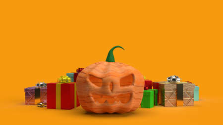 The  pumpkin jack o lantern and gift box 3d rendering.の写真素材