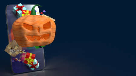 The  pumpkin jack o lantern and gift box on smartphone  3d rendering.の写真素材