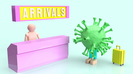 A coronavirus and suite case  checkin arrival counter for travel content 3d rendering