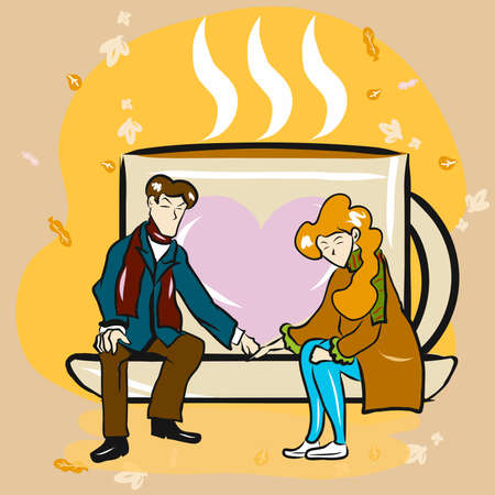 A couple siting on coffee cup  in autumn season vector image.のイラスト素材