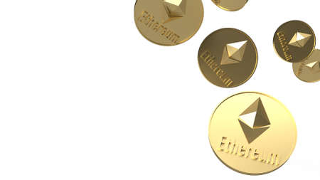 The Ethereum  coins  cryptocurrency  falling in  white background 3d renderingの写真素材
