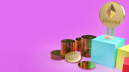 The Ethereum coins and gold coins on purple background 3d rendering.の写真素材
