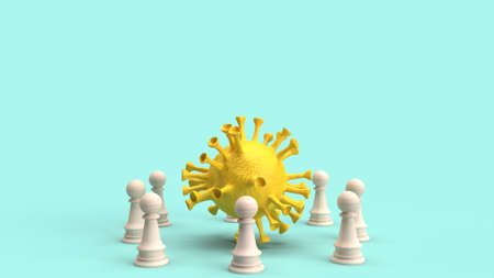 The yellow virus and wood chess for  coronavirus content 3d renderingの写真素材