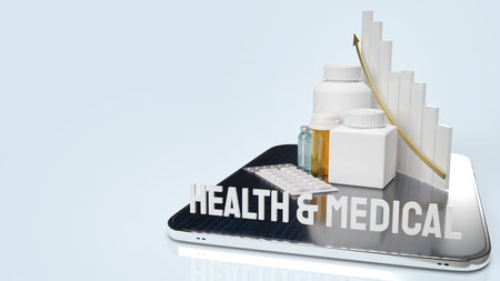 The drug medical bottle and chart on tablet  for application health  content 3d rendering.