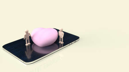 The pink hearth  and wood man figure stand on tablet for Digital empathy content 3d renderingの写真素材