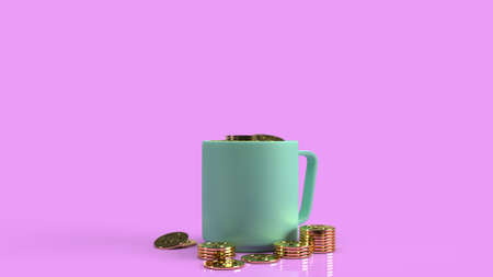 The blue cup and gold coin in pink background for business content 3d rendering.の写真素材