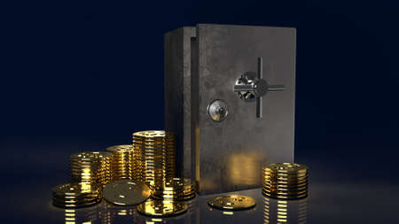 The safe box and gold coins in dark background for  security content 3d renderingの写真素材